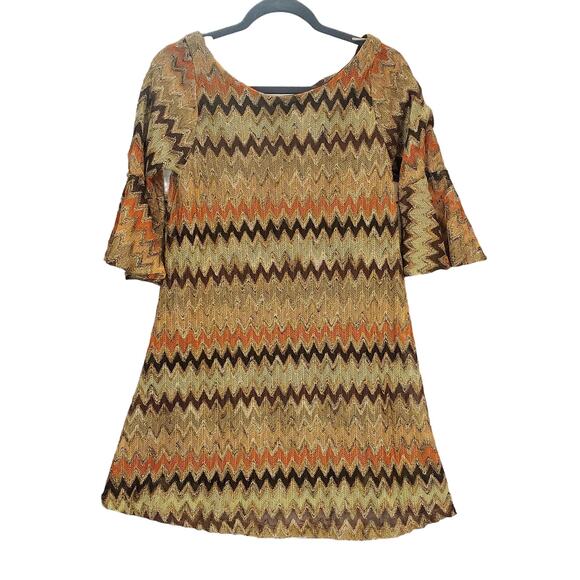 Vintage Judith March Shift Dress M Earthy Crochet Lace Chevron Bell Sleeve - Picture 1 of 13